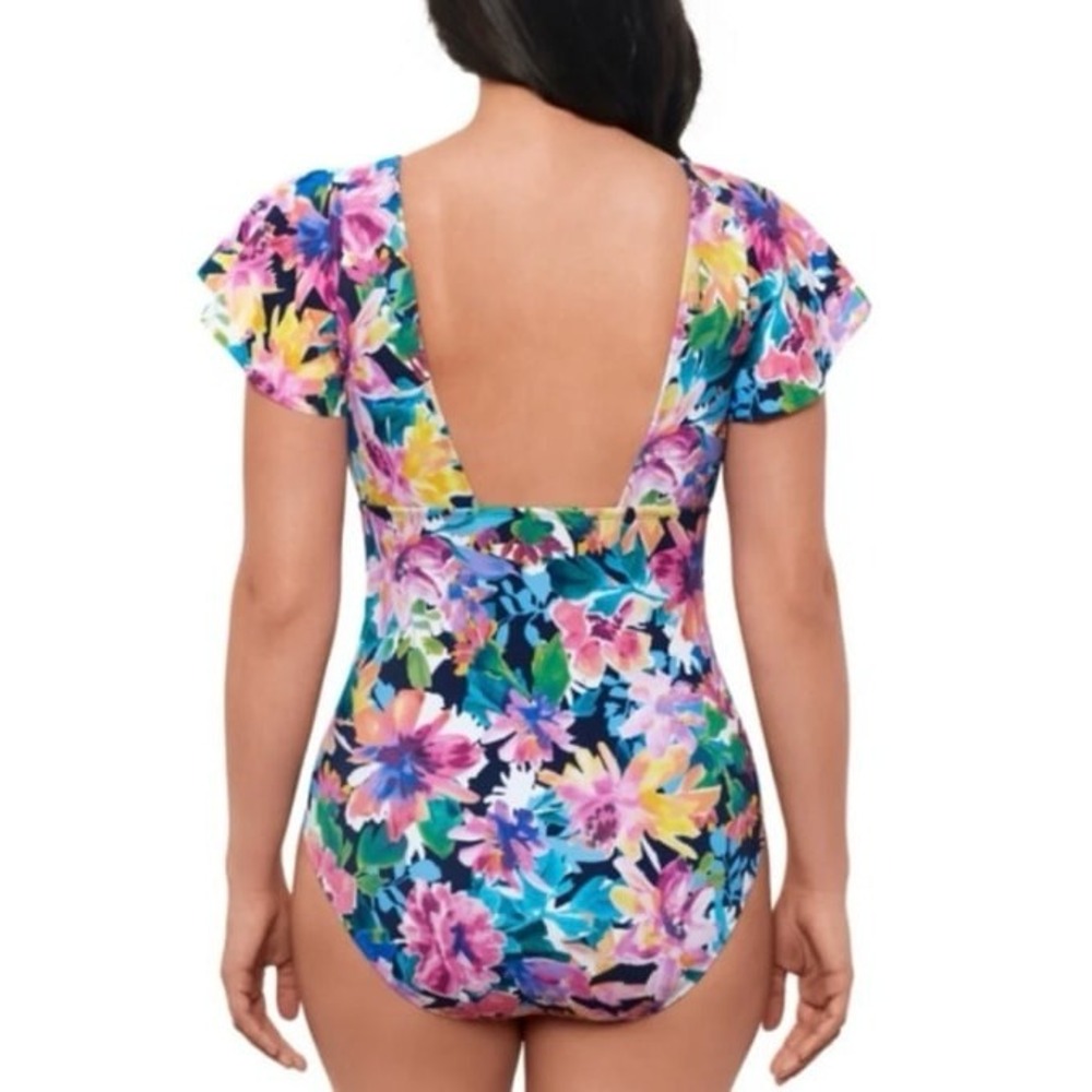 Swim Solutions Garden Dreams One Piece Swimsuit Flutter Sleeve Floral 18 NWT - Picture 2 of 11